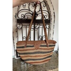 African Style Sisal Grass Jute Woven Tote Bag Leather Straps & Trim 20” X 12”